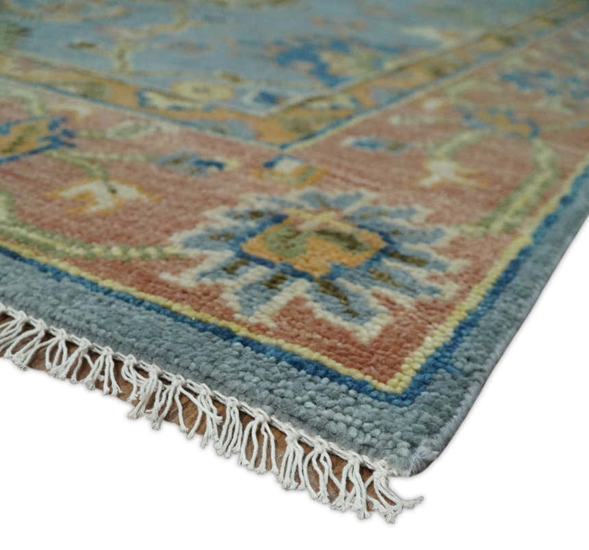 Ready to Ship Hand Knotted Blue and Rust Modern Oushak Area Rug