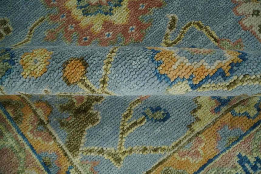 Ready to Ship Hand Knotted Blue and Rust Modern Oushak Area Rug