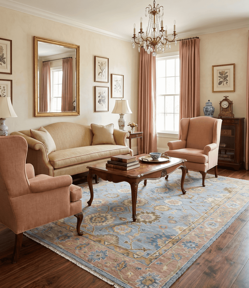 Ready to Ship Hand Knotted Blue and Rust Modern Oushak Area Rug