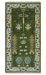 Ready to Ship Hand Knotted Green and Ivory Traditional Wool Area Rug