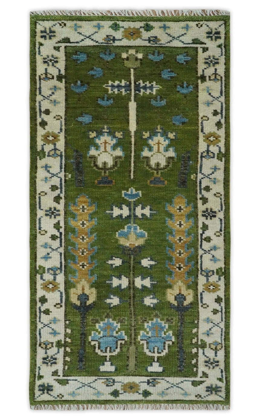 Ready to Ship Hand Knotted Green and Ivory Traditional Wool Area Rug