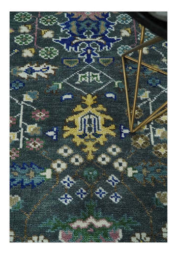 Ready to Ship Hand Knotted Green Moss and Blue Traditional Turkish Design Wool Rug