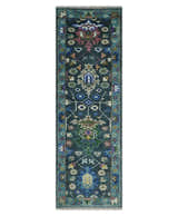 Ready to Ship Hand Knotted Green Moss and Blue Traditional Turkish Design Wool Rug