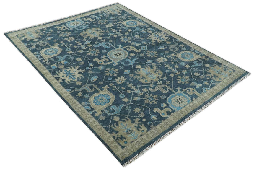 Ready to Ship Hand Knotted Oriental Turkish Oushak Blue and Camel Wool Area Rug