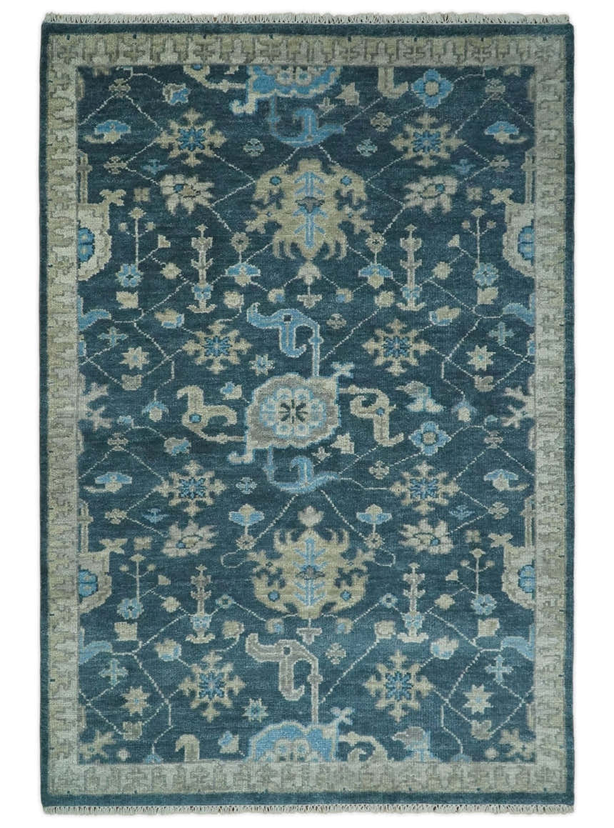 Ready to Ship Hand Knotted Oriental Turkish Oushak Blue and Camel Wool Area Rug