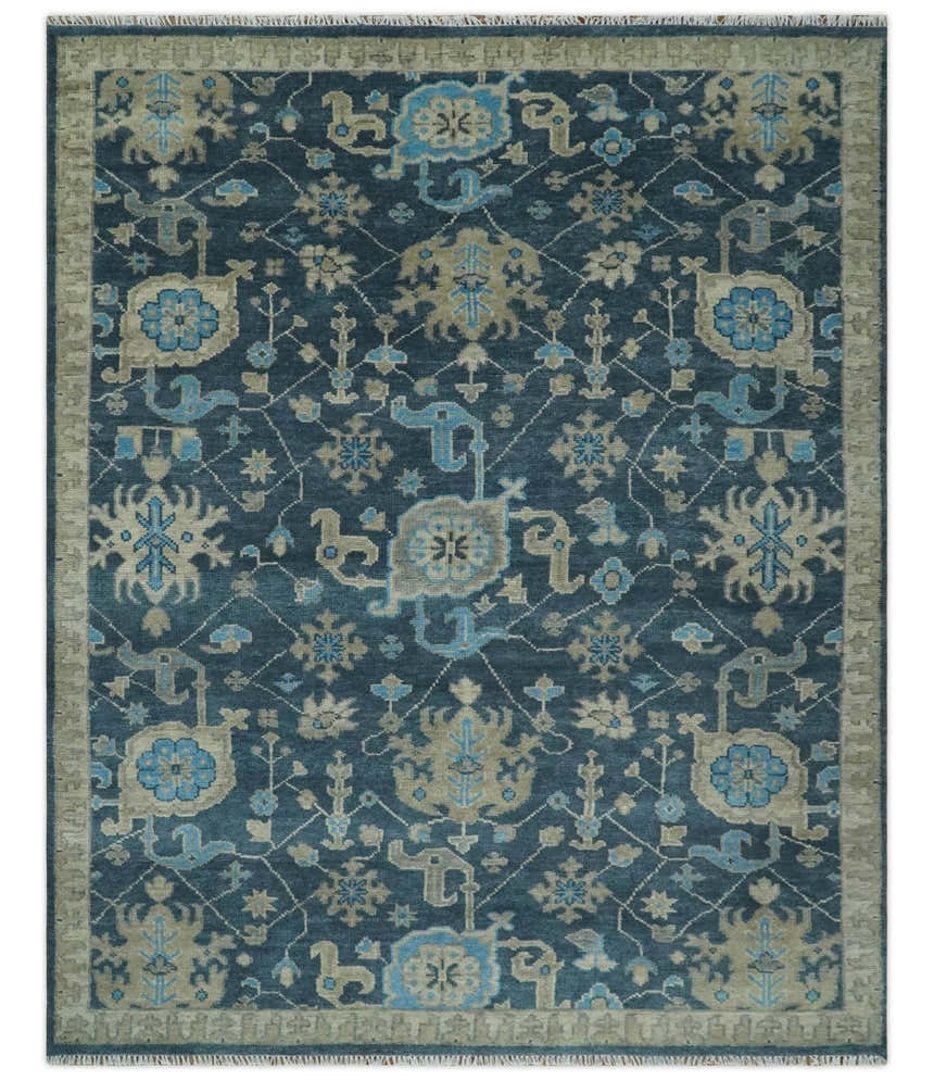 Ready to Ship Hand Knotted Oriental Turkish Oushak Blue and Camel Wool Area Rug