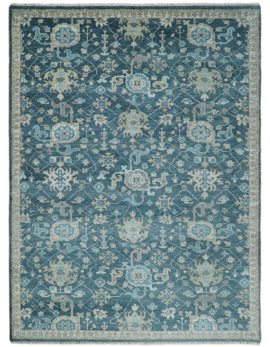 Ready to Ship Hand Knotted Oriental Turkish Oushak Blue and Camel Wool Area Rug