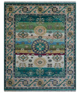 Ready to Ship Peach And Teal Traditional Hand Knotted 8x10 Wool Rug