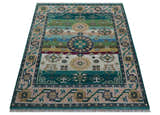Ready to Ship Peach And Teal Traditional Hand Knotted 8x10 Wool Rug