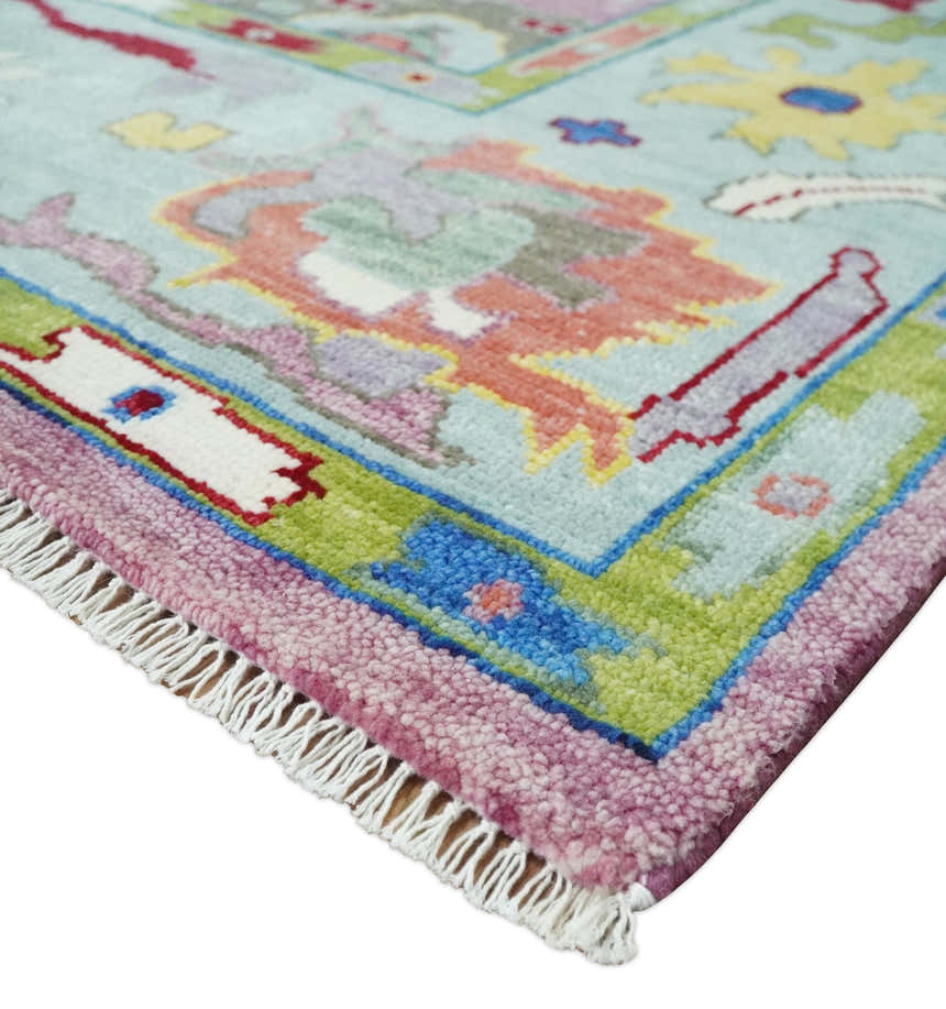 Ready to Ship Pink Modern Oushak Rug Wool Blue Colorful Hand knotted Area Rug