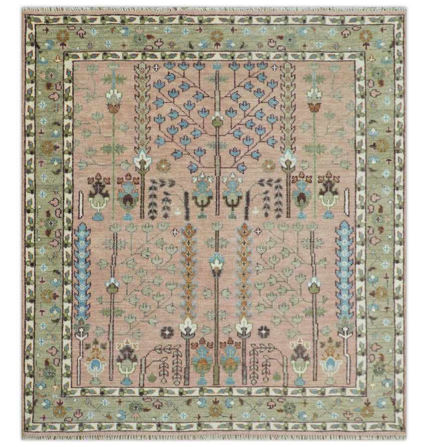 Ready to Ship Pink, Olive and Beige Traditional Vintage Style Tree Wool Rug