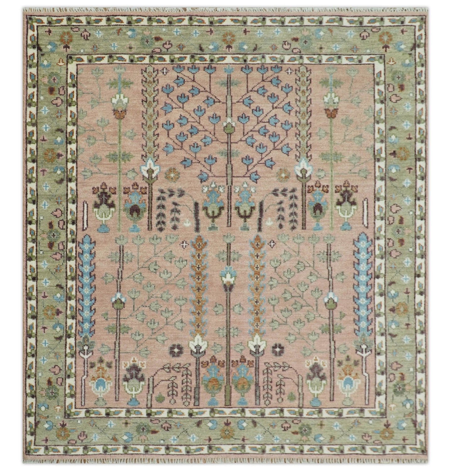 Ready to Ship Pink, Olive and Beige Traditional Vintage Style Tree Wool Rug