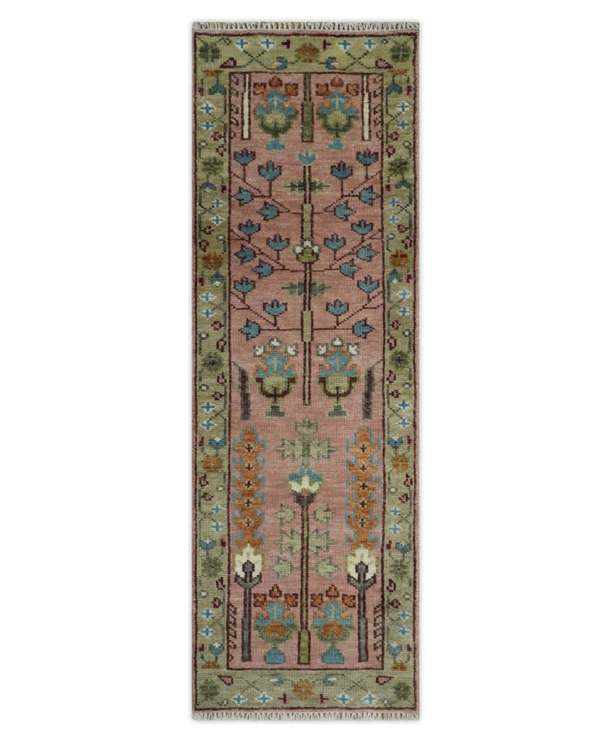 Ready to Ship Pink, Olive and Beige Traditional Vintage Style Tree Wool Rug