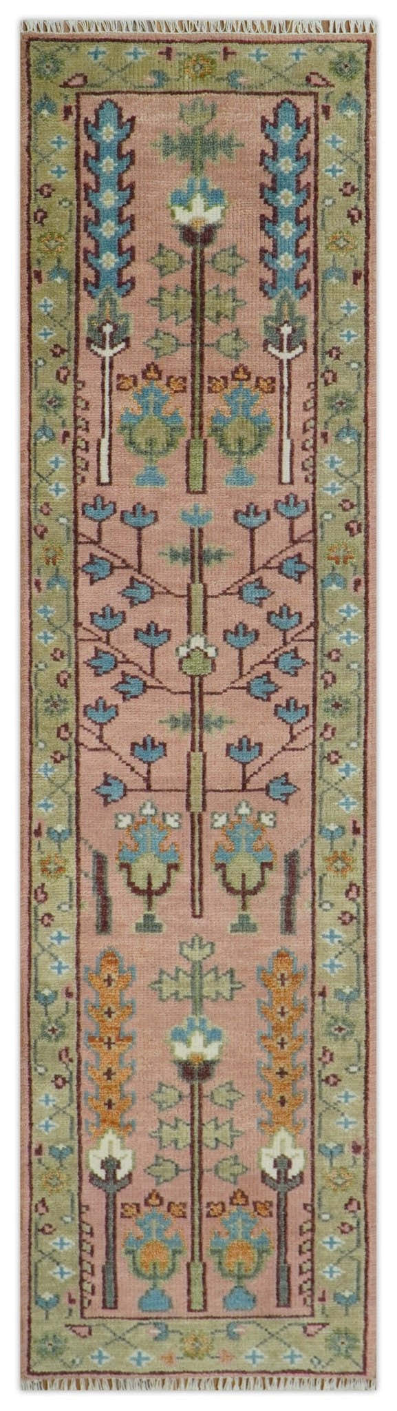 Ready to Ship Pink, Olive and Beige Tree of life Vintage Traditional Wool Rug