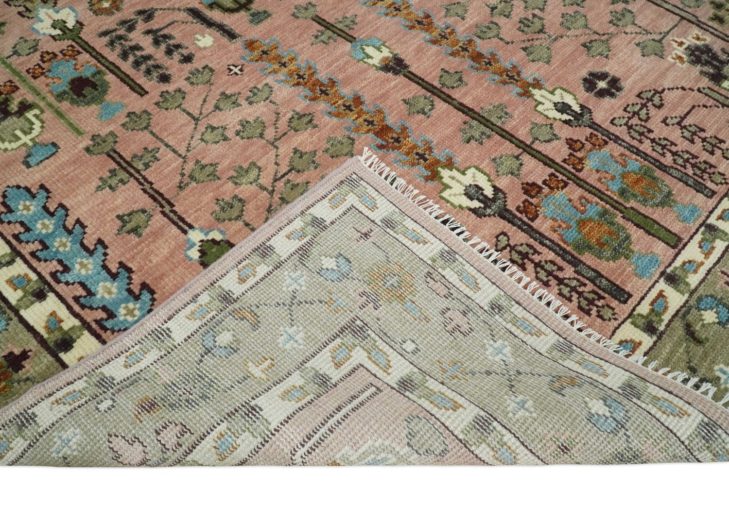 Ready to Ship Pink, Olive and Beige Traditional Vintage Style Tree Wool Rug