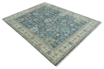 Ready to Ship Teal And Beige Hand Knotted 6X9 Oushak Wool Rug