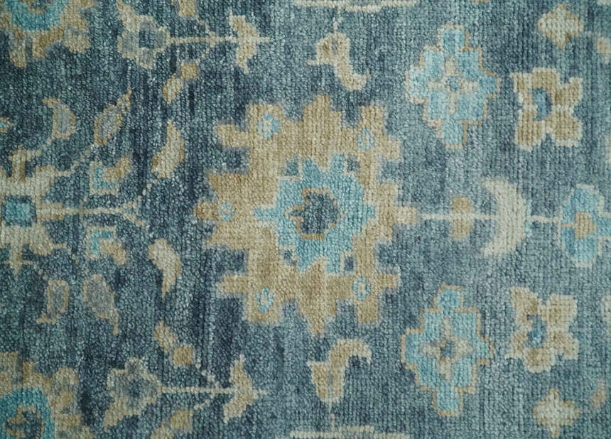 Ready to Ship Teal And Beige Hand Knotted 9X12 Oushak Wool Rug