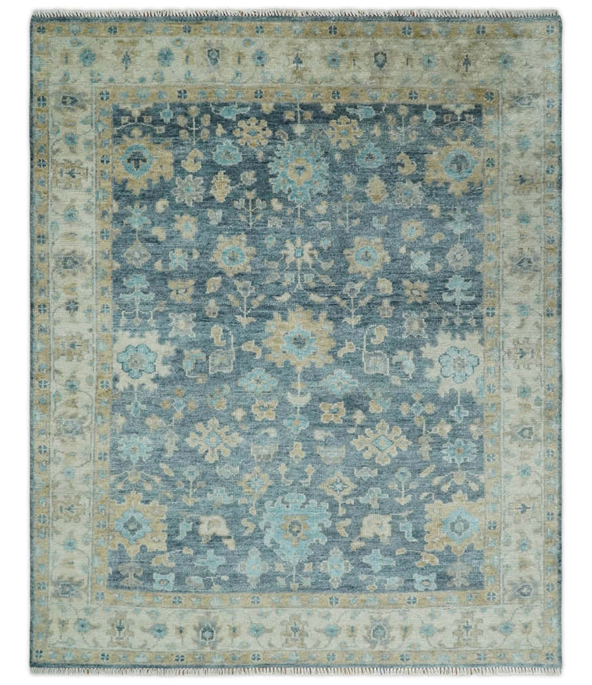 Ready to Ship Teal And Beige Hand Knotted 9X12 Oushak Wool Rug