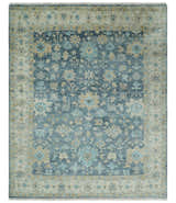 Ready to Ship Teal Blue Hand Knotted Oriental Oushak Ivory and Beige Wool Area Rug