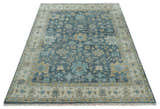 Ready to Ship Teal Blue Hand Knotted Oriental Oushak Ivory and Beige Wool Area Rug