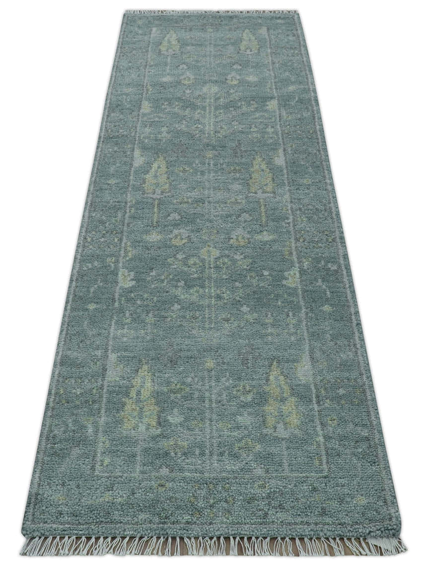 Ready to Ship Tree of life Teal And Beige 2.6x8 Wool Rug
