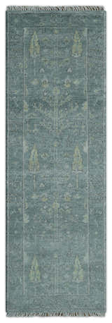 Ready to Ship Tree of life Teal And Beige 2.6x8 Wool Rug