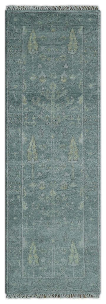 Ready to Ship Tree of life Teal And Beige 2.6x8 Wool Rug