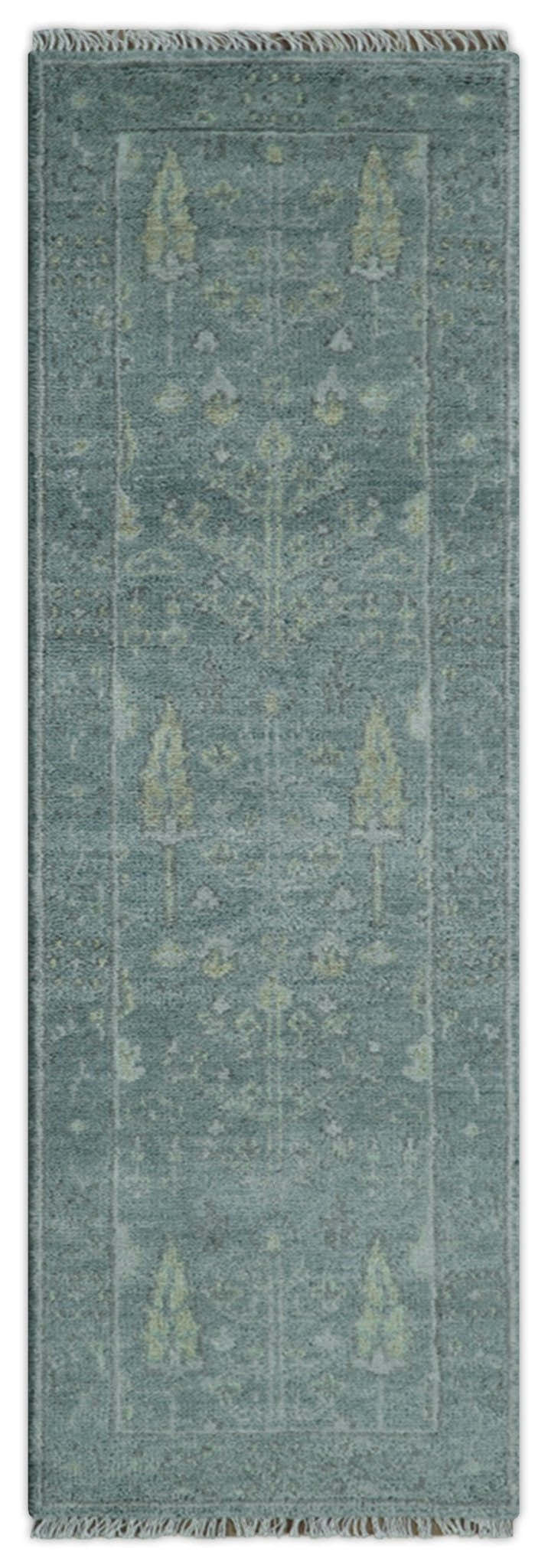 Ready to Ship Tree of life Teal And Beige 2.6x8 Wool Rug