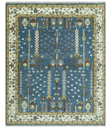 Ready to Ship Tree of Life Traditional Hand Knotted 8x10 Teal Blue and Ivory Wool Area Rug
