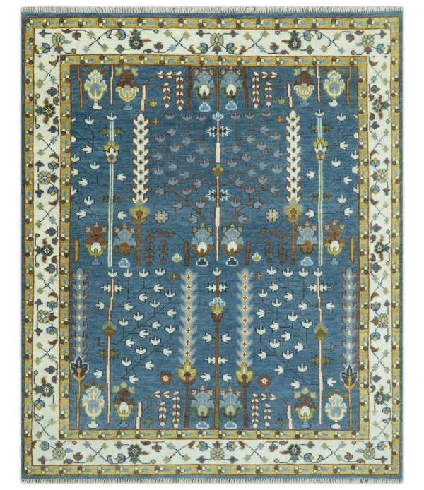Ready to Ship Tree of Life Traditional Hand Knotted 8x10 Teal Blue and Ivory Wool Area Rug