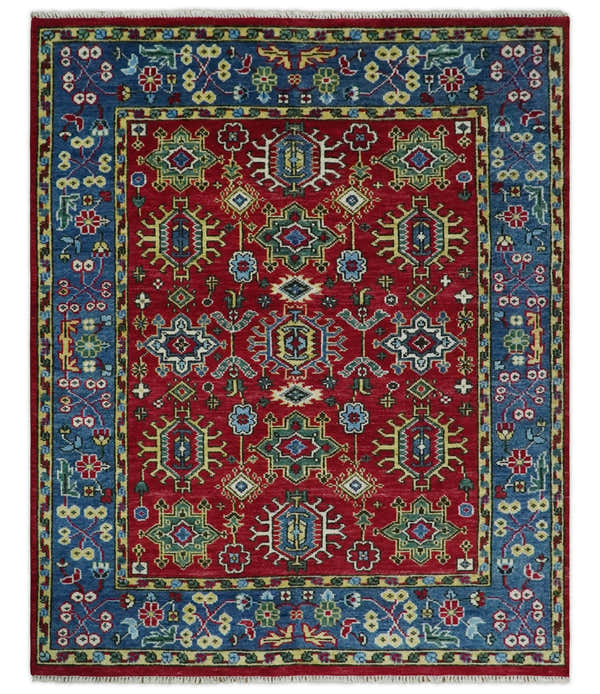 Custom Made Maroon and Blue Antique Turkish Kashgar Hand Knotted Red and Blue Traditional Oushak Wool Area Rug