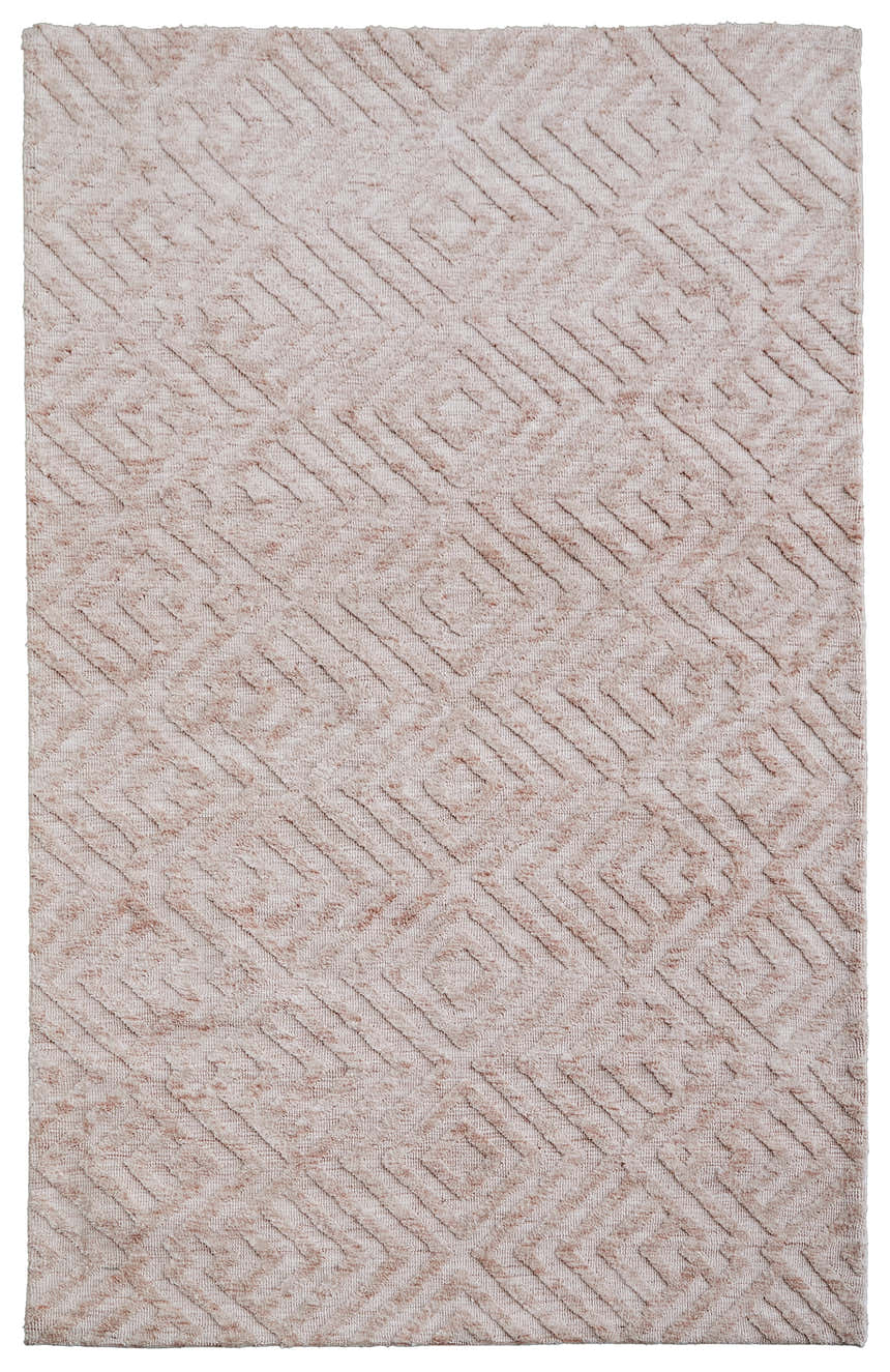 Close-up of the Feizy Colton Modern Diamond rug. Pink and ivory hues create a subtle geometric pattern. Soft, textured design. Design-Rectangle