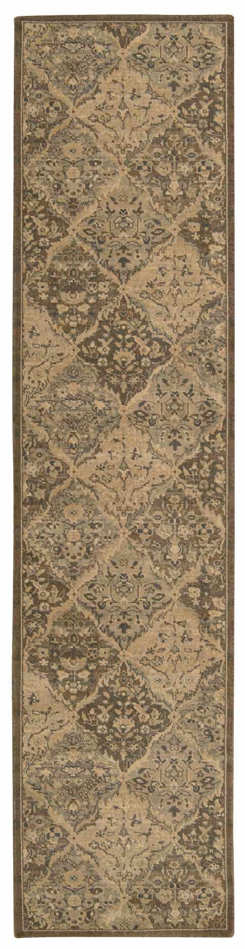 Close-up of a Nourison Silken Allure Multicolor Persian runner rug. Features a detailed floral pattern in beige, brown, and blue tones.