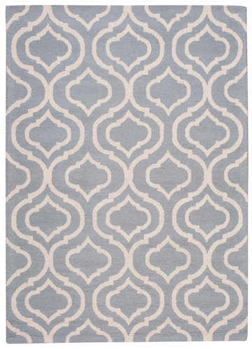 Close-up of the Nourison Linear Light Blue Moroccan rug, featuring a repeating quatrefoil pattern.