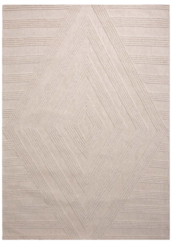 Close-up of the Rizzy RIO692 area rug. Ivory wool rug with a contemporary geometric diamond pattern and hand-tufted texture. Design-Rectangle