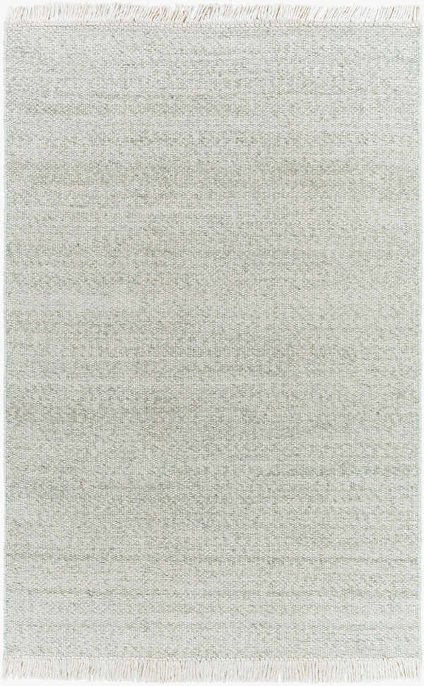 Close-up of Sorell Sage Rug: ecru, ivory, and sage textured weave with fringe. Farmhouse style, 100% wool rug. Design-Rectangle-576