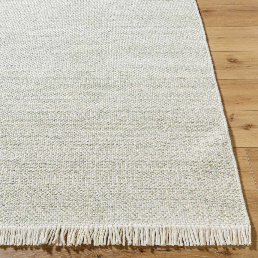 Close-up of the Sorell Sage textured weave rug showing ecru, ivory, and sage tones and fringe detail on wood floor. Front
