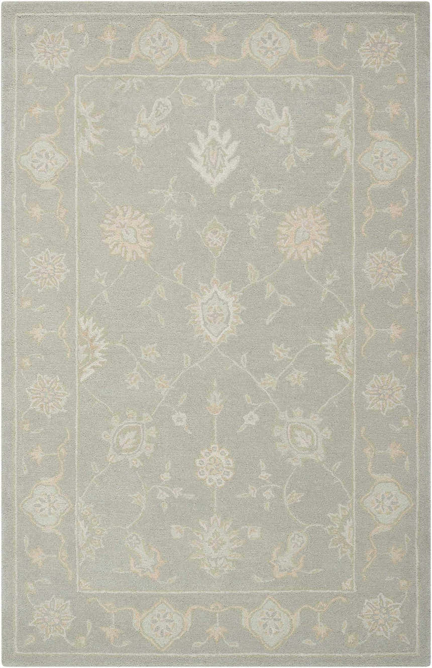 Close-up of Nourison Zephyr Light Taupe rug. Features a floral pattern, ivory and light peach accents, and a soft wool texture.
