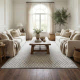Living room with two sofas and a Gaiwan Cream Gray Washable Area Rug featuring a checkerboard pattern. Roomscene-Rectangle