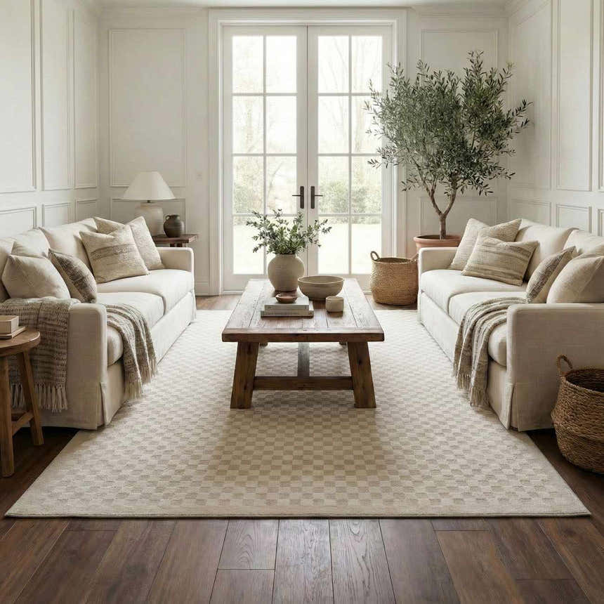 Living room scene with two sofas and a Gaiwan Cream Washable Area Rug with a subtle checkerboard pattern. Roomscene-Rectangle