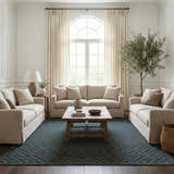 Living room scene with beige sofas and Gaiwan Oil Green Washable Area Rug featuring a subtle checkerboard pattern. Roomscene-Rectangle