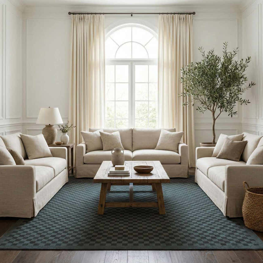 Living room scene with beige sofas and Gaiwan Oil Green Washable Area Rug featuring a subtle checkerboard pattern. Roomscene-Rectangle