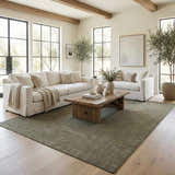 Living room with white sofas and Leanna Green Washable Area Rug. Neutral tones and natural light. Roomscene-Rectangle