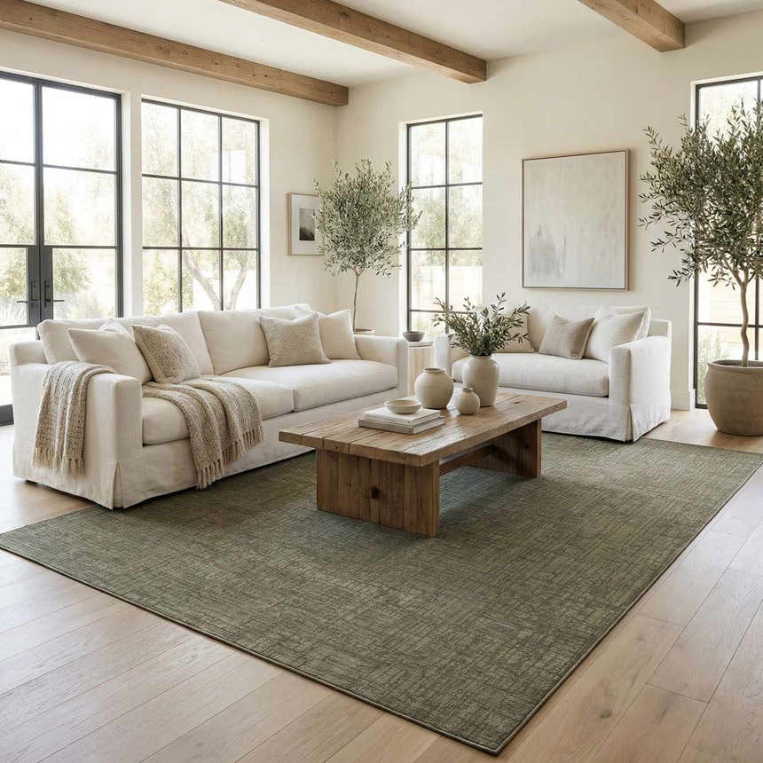Living room with white sofas and Leanna Green Washable Area Rug. Neutral tones and natural light. Roomscene-Rectangle