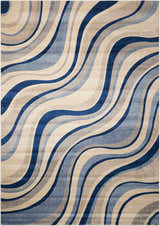 Close-up of Nourison Somerset Ivory Blue rug featuring a modern wavy stripe design in blue, ivory, and chestnut.