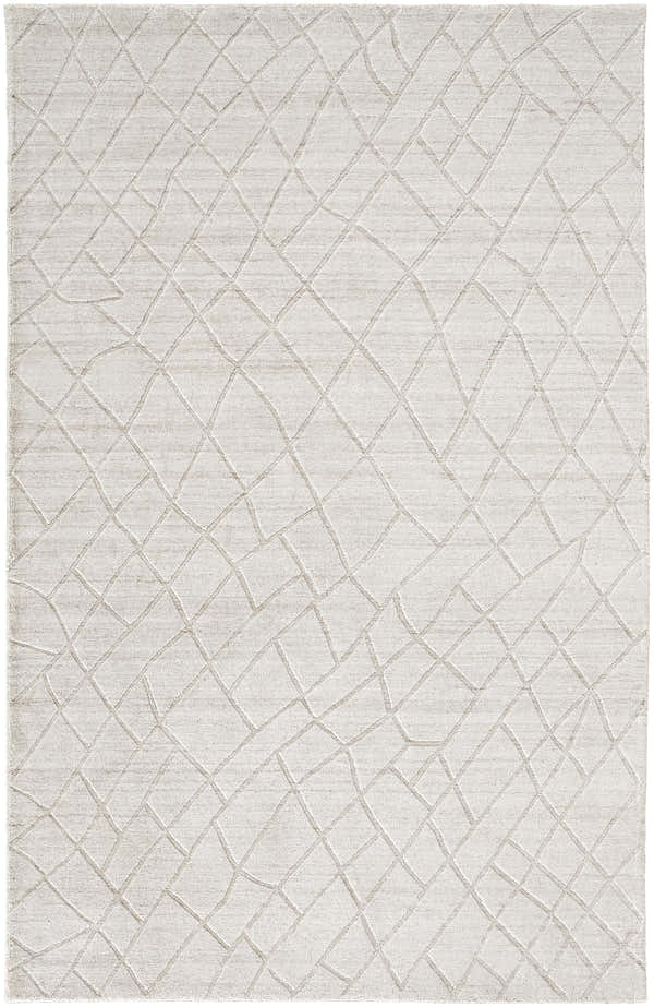 Close-up of the Feizy Redford Transitional Solid Ivory/Gray Area Rug, featuring a geometric diamond pattern and subtle texture. Design-Rectangle