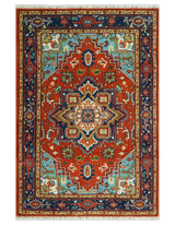 Rust and Blue Hand Knotted Traditional Heriz Serapi Multi Size wool Area Rug