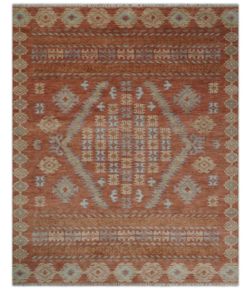 Rust, Beige and Blue Hand knotted Traditional Multi Size Oriental wool Area Rug