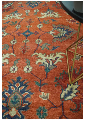 Rust, Blue and Beige Hand Knotted Oriental Oushak Multi Size wool Area Rug