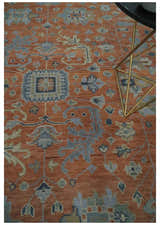 Rust, Blue and Silver Hand Knotted Traditional Multi Size Oushak Wool Area Rug
